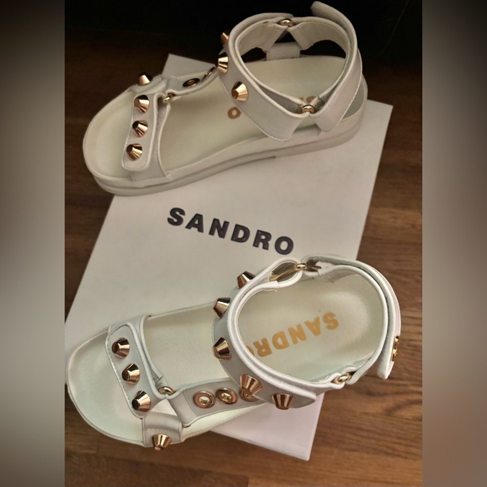NIB Sandro Elympia Embellished Studded Leather Sandals Ecru White EU 36 Designer - Picture 2 of 13